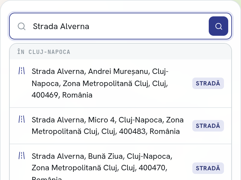 Caseta de căutare AreaSonar cu „Strada Alverna” tastat și trei rezultate găsite în Cluj-Napoca, fiecare marcat ca stradă.