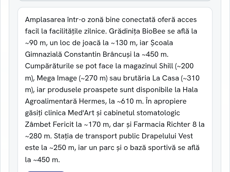 Descrierea zonei scrisă de AreaSonar: un paragraf cu distanțe reale până la grădiniță, loc de joacă, școală, magazine, farmacie și stația de transport public.